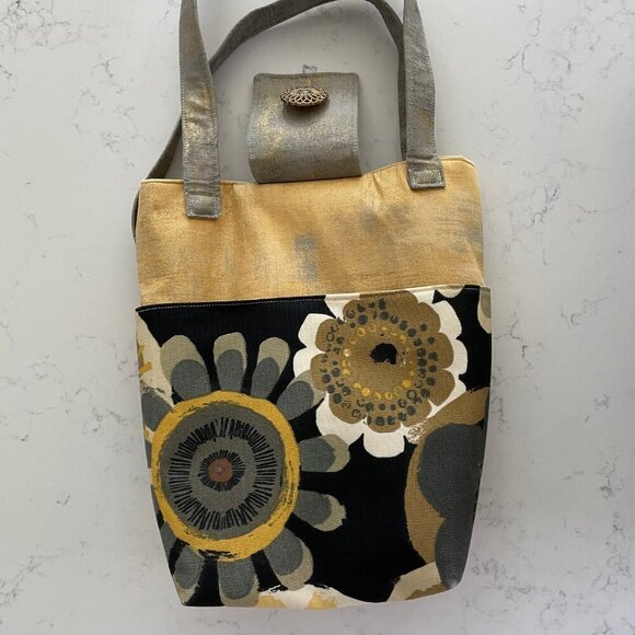 Hand Crafted Fabric Abstract Floral Print Tote Bag w Pockets Yellow Grey Blk - Picture 11 of 12